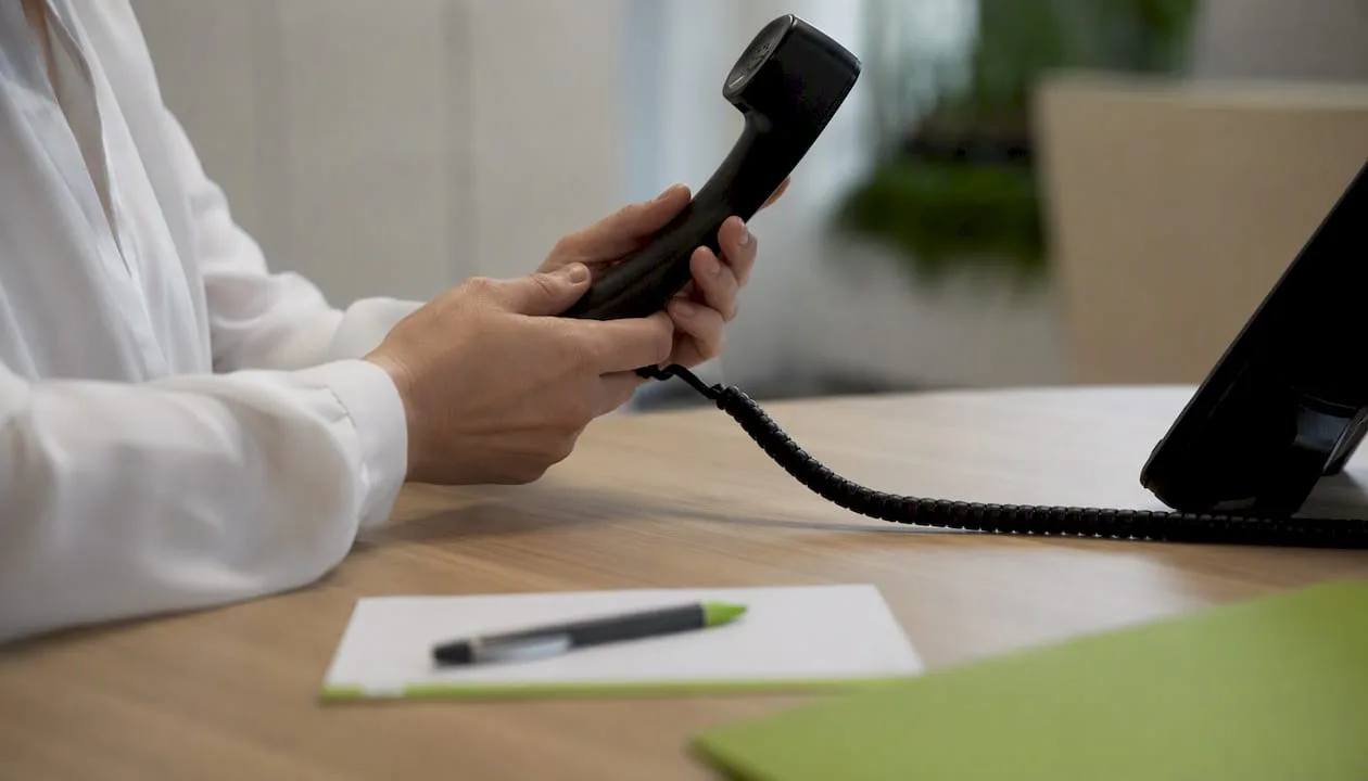 Hands holding headset receiver at medical desk
