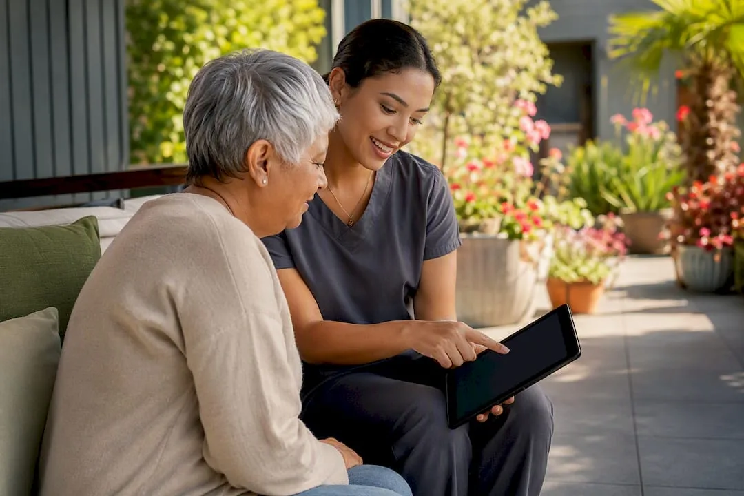 Clinic staff helping patient with tablet
