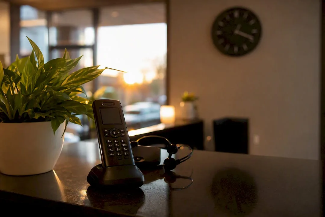 Reception desk with phone and headset at evening